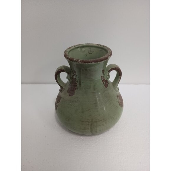 Vintage Italian Pottery Clay Double Handled Mint Green Vase Rustic Mid Century - Picture 4 of 10